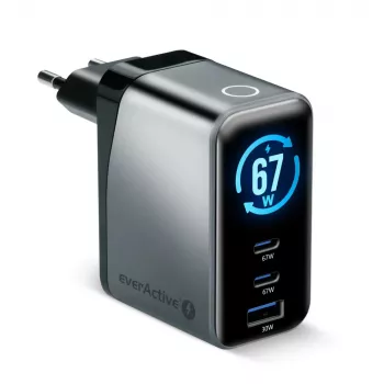 EVERACTIVE SC-670Q GaN 67W USB-C Charger with 2x USB-C and 1x USB-A, Quick Charge 4+, PD 3.0, Black