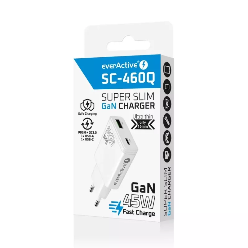EVERACTIVE GaN QC3.0 45W USB-C Wall Charger SC-460Q White