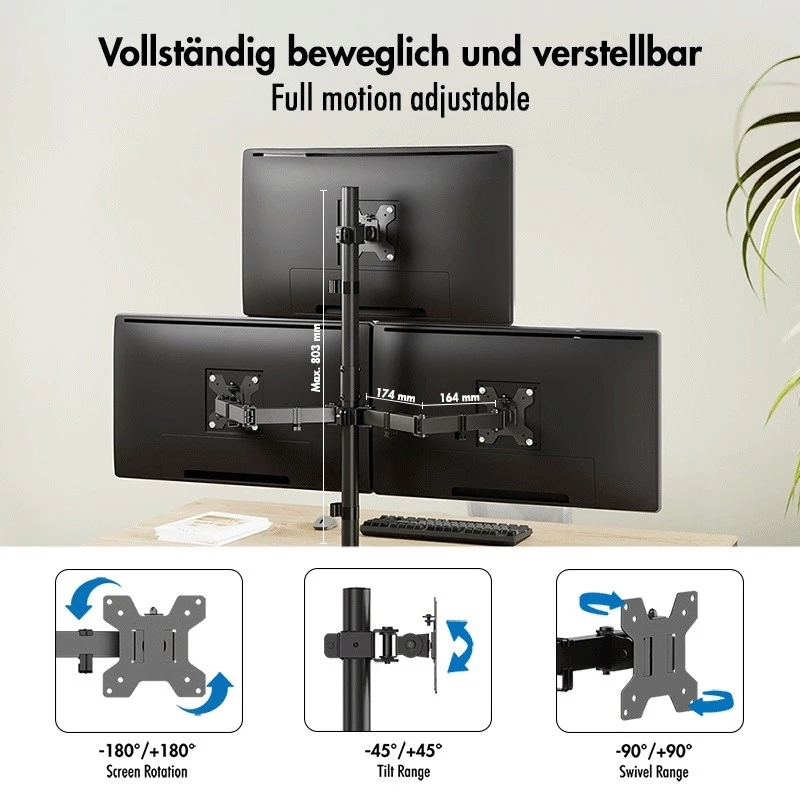 LOGILINK Triple Monitor Mount for 17-27 inch Screens, 10 kg per Arm, Black