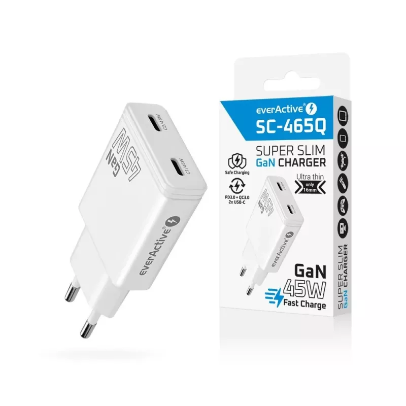 EVERACTIVE GaN 45W USB-C Charger QC3.0 SC-465Q White