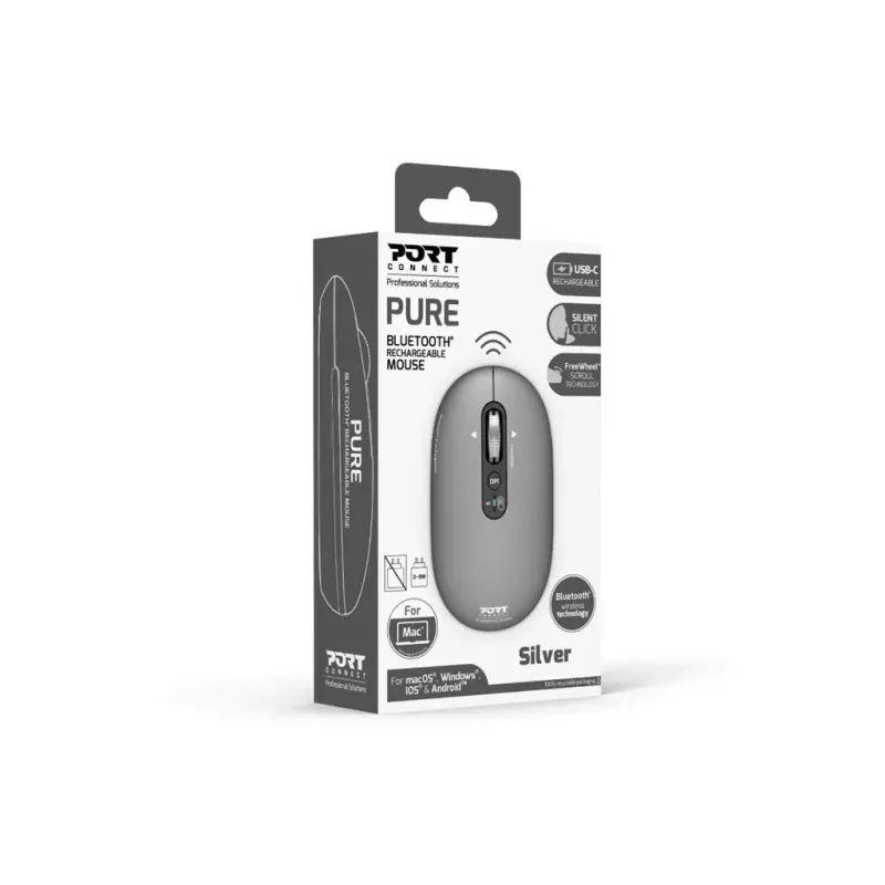 PORT Designs PORT Connect Professional PURE Wireless Rechargeable Mouse - Optical - 4 Buttons - 2.4 GHz, Bluetooth - USB Receiver - Black