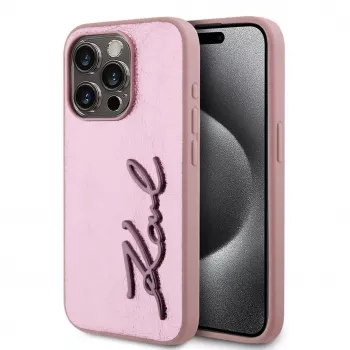 Karl Lagerfeld Wrinkled Metal Signature Case for iPhone 15 Pro Max, Pink