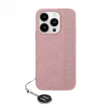 Karl Lagerfeld KLHCP15XPSAKDGCP Saffiano Rhinestones & Charm Hard Case for Apple iPhone 15 Pro Max 6.7 inch Pink