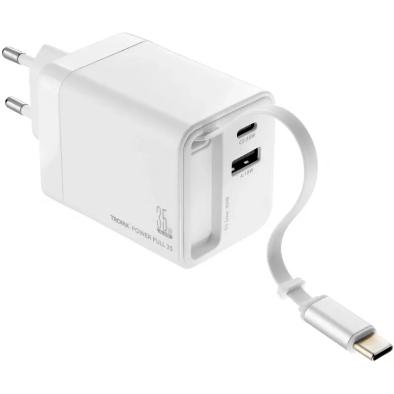 TROIKA POWER PULL 35 Car Charger 35W USB-C PD & USB-A QC 3.0 White (CHA35/WH)