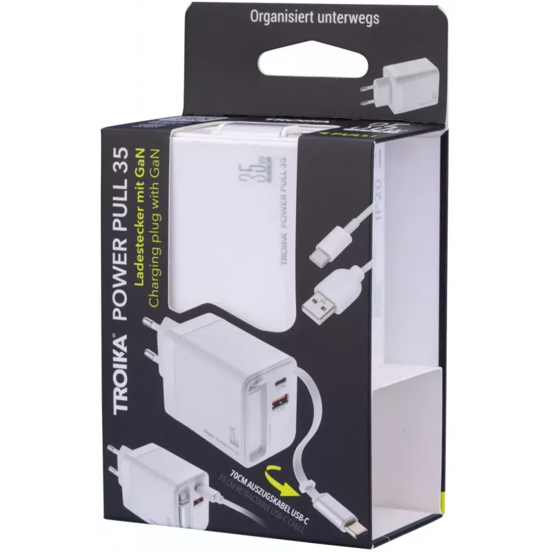 TROIKA POWER PULL 35 Car Charger 35W USB-C PD & USB-A QC 3.0 White (CHA35/WH)