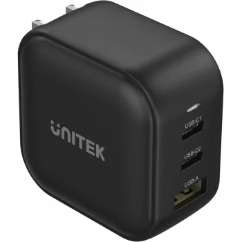 UNITEK GaN 66W 3-Port USB-C PD & QC 3.0 Charger Black