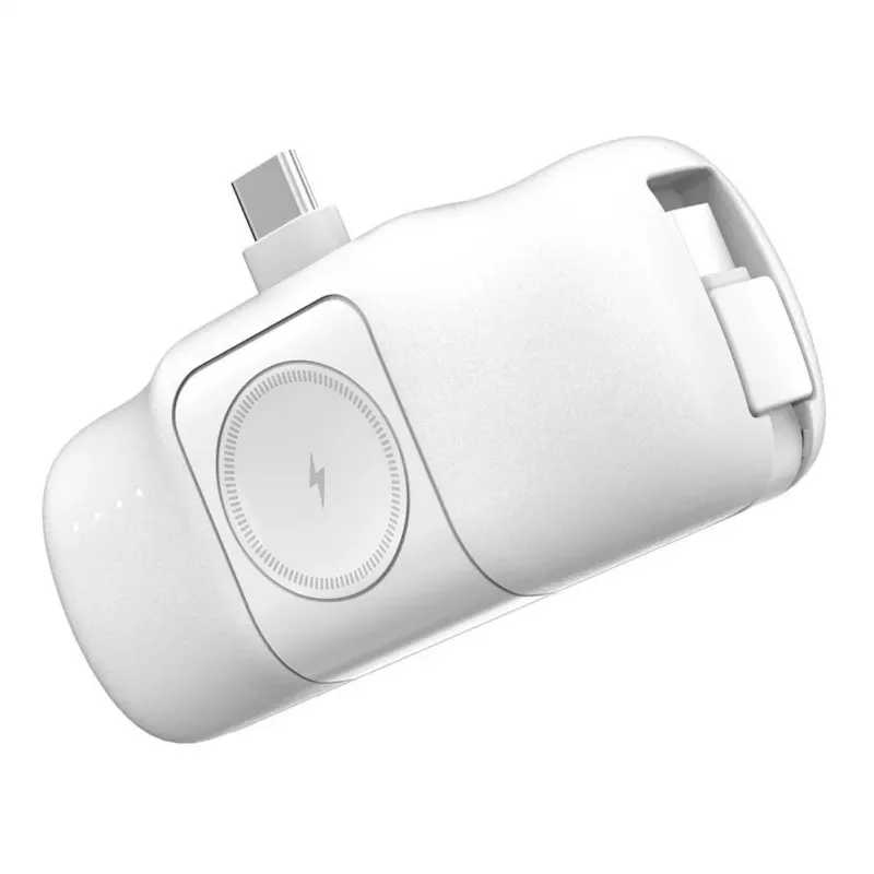 WOZINSKY WF16-YCS Mini Power Bank 5000mAh 15W USB-C with Built-in USB-C Cable and Apple Watch Charger - White