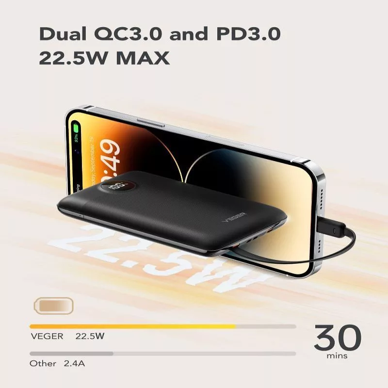 VEGER Powerbank C11 (W1170) PD QC3.0 22.5W 10000 mAh with Built-in USB-C and Lightning Cables, Black