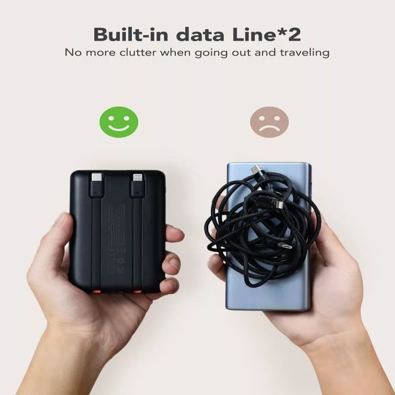 VEGER Powerbank C11 (W1170) PD QC3.0 22.5W 10000 mAh with Built-in USB-C and Lightning Cables, Black