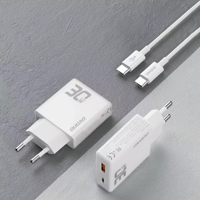 Dudao A30EU GaN 30W USB-C USB-A Wall Charger with USB-C to USB-C Cable 1m White