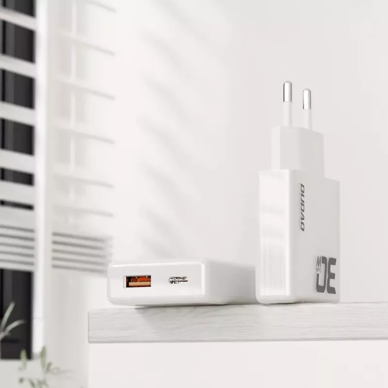 Dudao A30EU GaN 30W USB-C USB-A Wall Charger with USB-C to USB-C Cable 1m White
