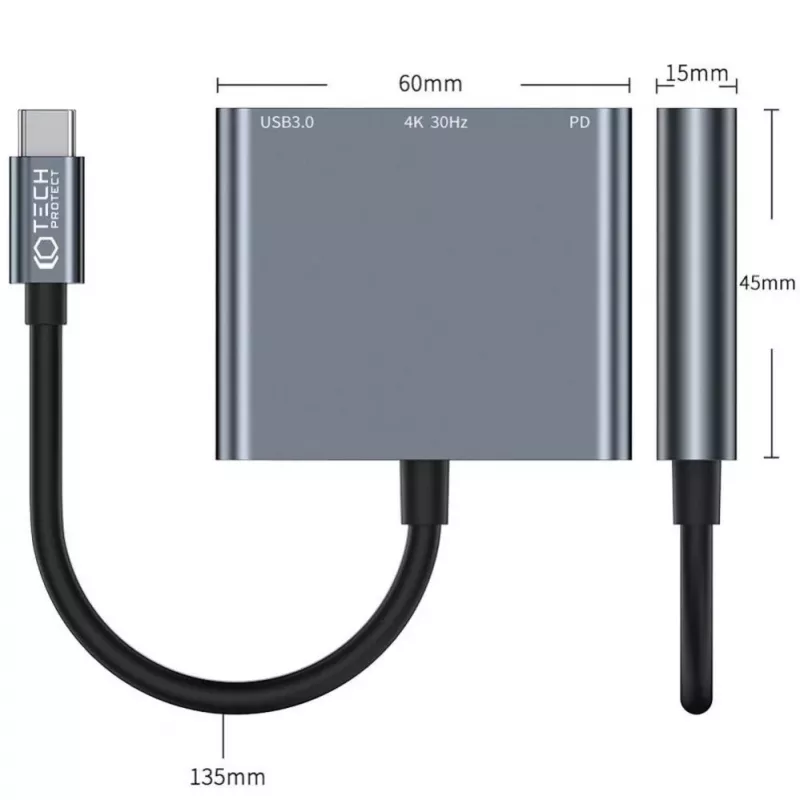 Tech-Protect V1 3in1 USB-C Hub Adapter - USB-A 3.0, USB-C PD 100W, HDMI 4K 30Hz - Grey