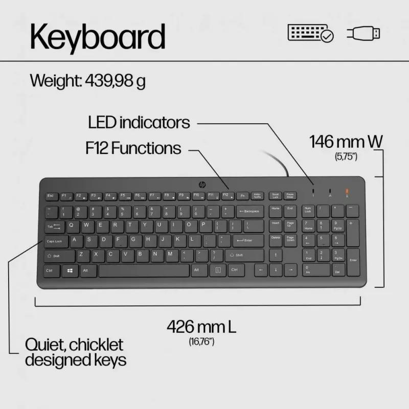 HP 150 Wired Mouse and Keyboard Combo - Black - QWERTY English US Layout