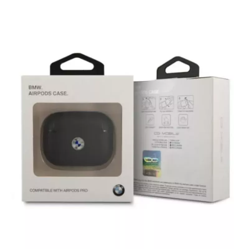 BMW AirPods Pro Cover Genuine Leather Silver Logo Black