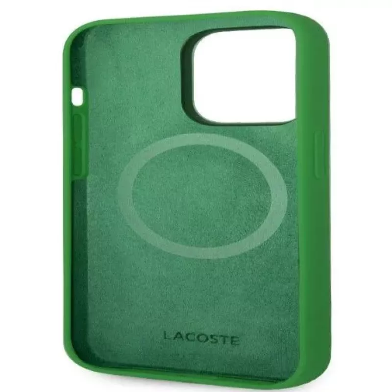 Lacoste Apple iPhone 15 6.1 Liquid Silicone Microfiber Croc Logo Magsafe Back Cover Green