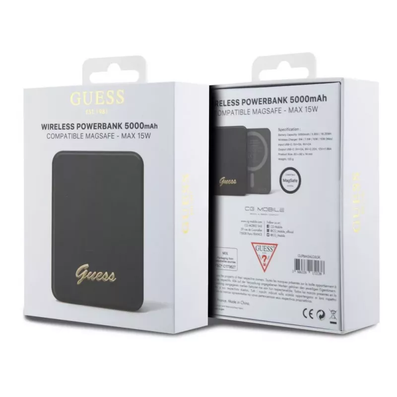 Guess Power Bank 5000mAh 15W MagSafe And Regular Charge With Metal Script Logo Black