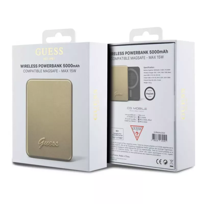 Guess Power Bank 5000mAh 15W MagSafe and Regular Charge with Metal Script Logo Gold