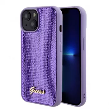 Guess Sequin Script Logo Case for iPhone 15 Purple