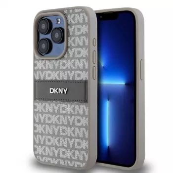 DKNY PU Leather Repeat Pattern Tonal Stripe Case for iPhone 15 Pro Beige