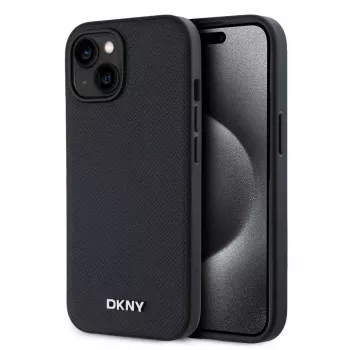 DKNY PU Leather Silver Metal Logo Magsafe Case for iPhone 15 Black