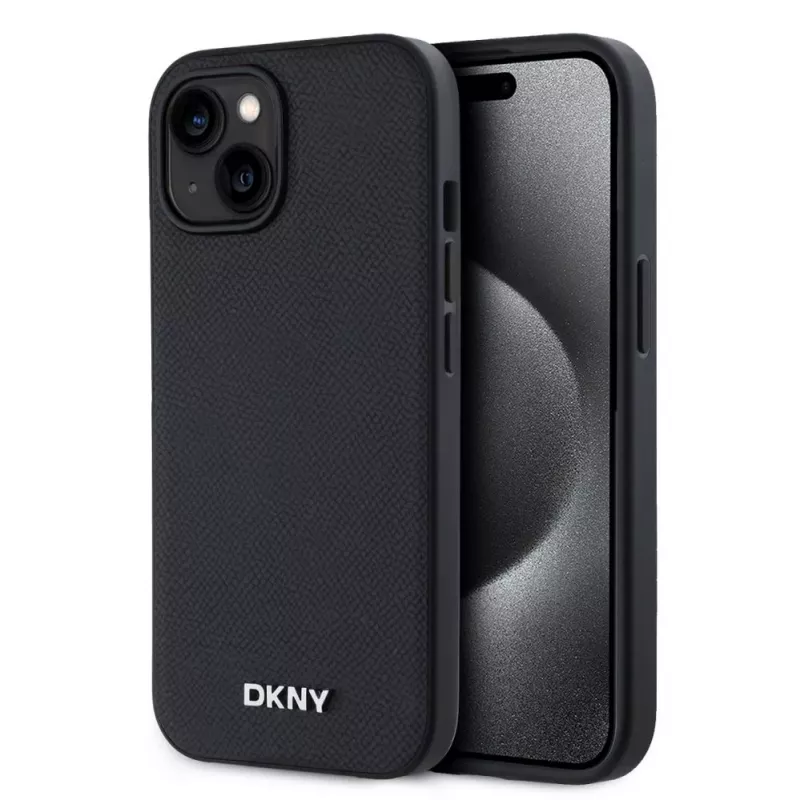DKNY PU Leather Silver Metal Logo Magsafe Case for iPhone 15 Black