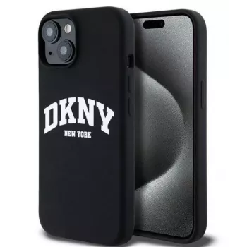 DKNY Apple iPhone 15 Hardcase Liquid Silicone White Printed Logo MagSafe Black