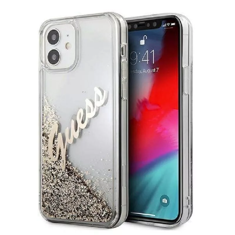 Guess Apple iPhone 12 Mini 5.4 inch Liquid Glitter Vintage Cover Gold