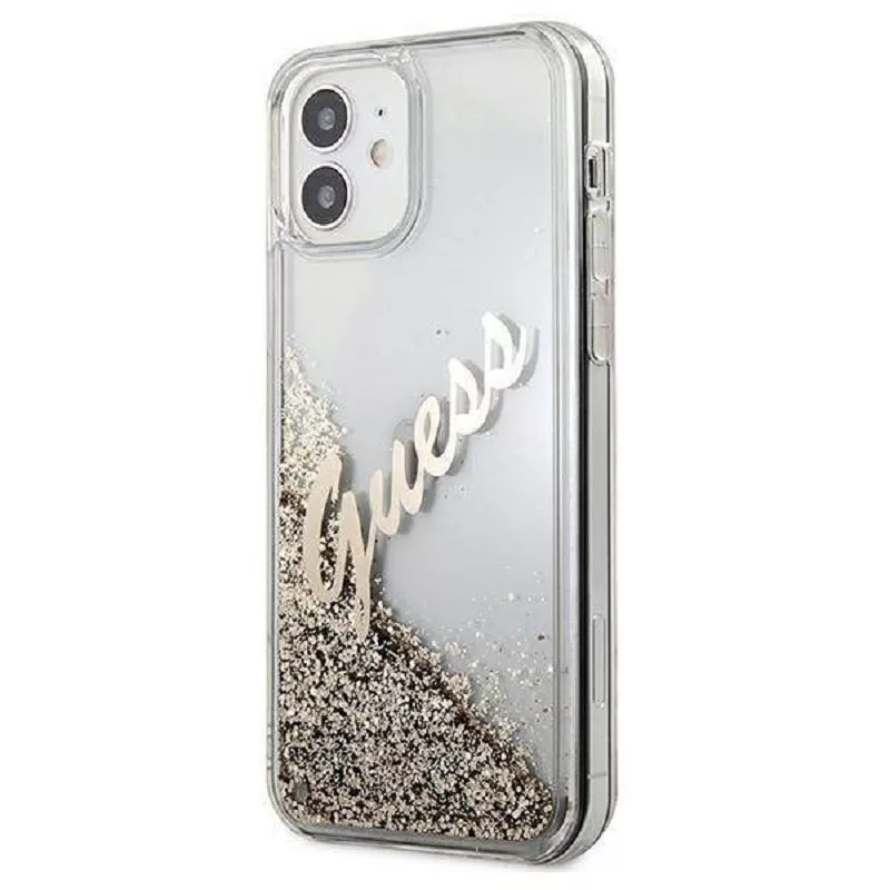 Guess Apple iPhone 12 Mini 5.4 inch Liquid Glitter Vintage Cover Gold