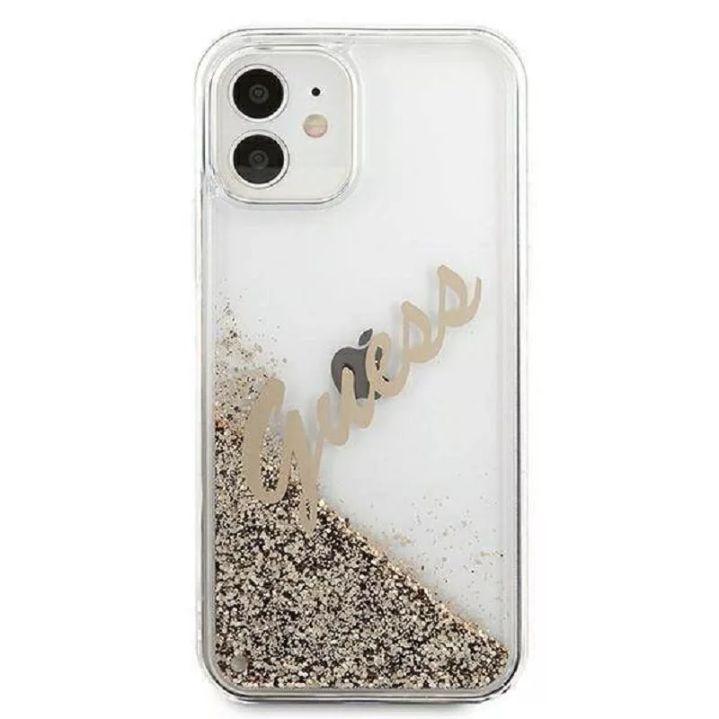 Guess Apple iPhone 12 Mini 5.4 inch Liquid Glitter Vintage Cover Gold