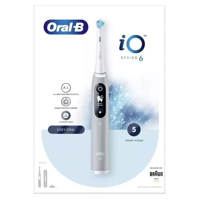 Oral-B iO Series 6 Rechargeable Electric Toothbrush, Grey Opal, 5 Brushing Modes, 1 Brush Head, Bluetooth