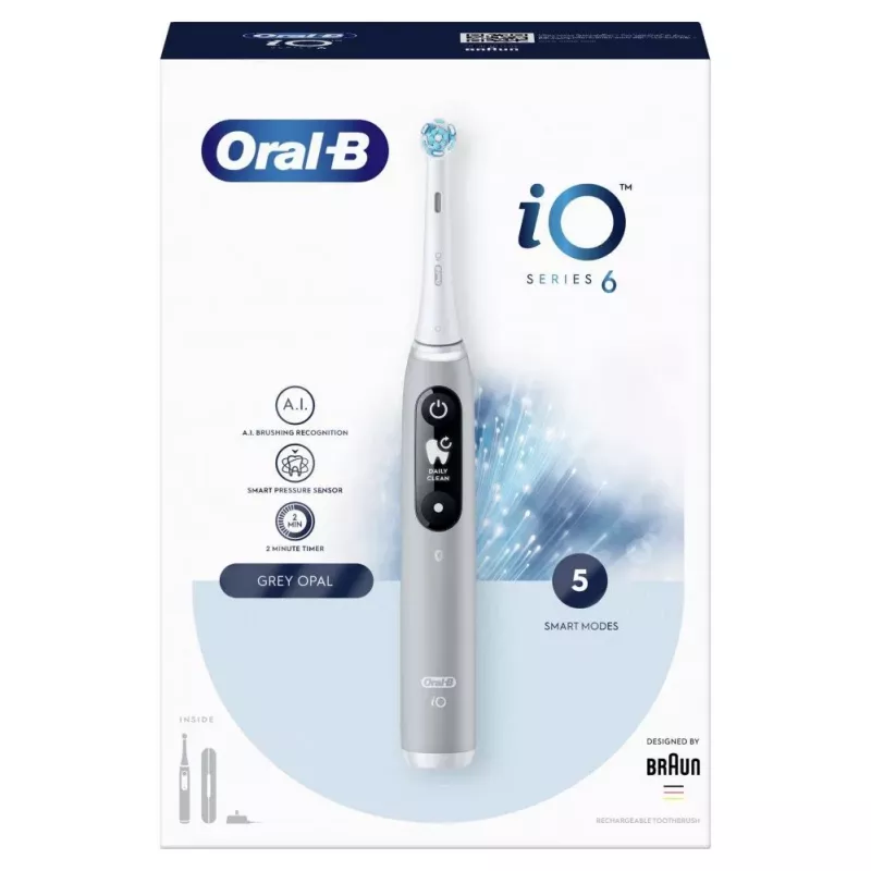 Oral-B iO Series 6 Rechargeable Electric Toothbrush, Grey Opal, 5 Brushing Modes, 1 Brush Head, Bluetooth