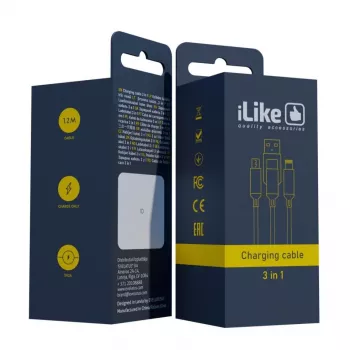 iLike Charging Cable 3 in 1, USB-A to USB-C/Lightning/Micro USB, Nylon Braided, 1.2m, Black