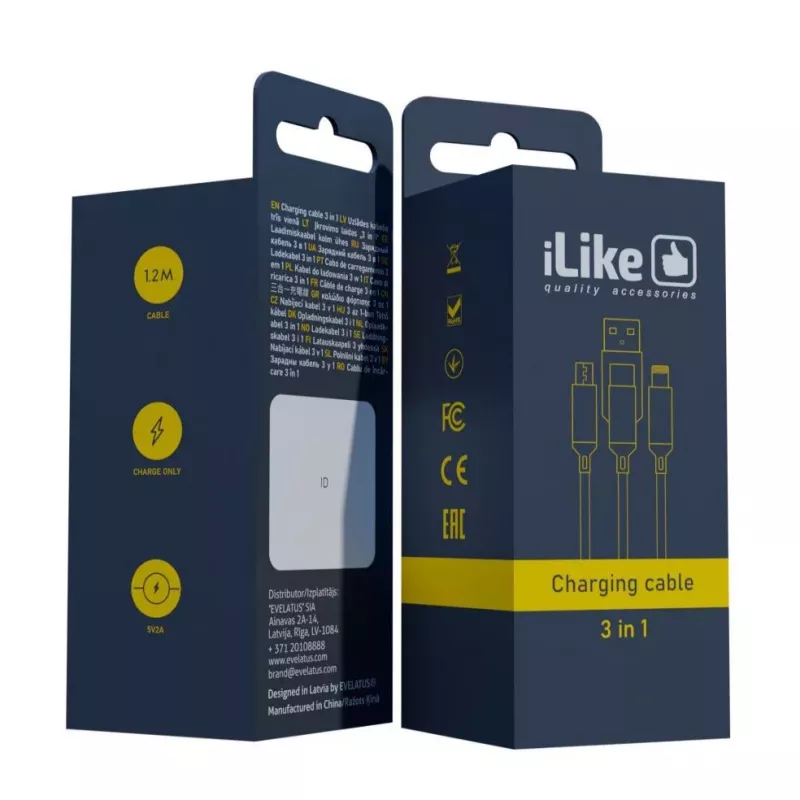 iLike Charging Cable 3 in 1, USB-A to USB-C/Lightning/Micro USB, Nylon Braided, 1.2m, Black