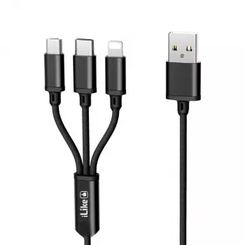 iLike Charging Cable 3 in 1, USB-A to USB-C/Lightning/Micro USB, Nylon Braided, 1.2m, Black