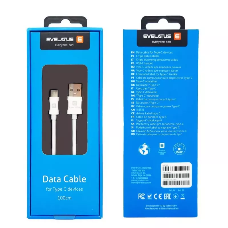 Evelatus Data Cable for Type-C Devices, TPC07 White - USB-A to USB-C, 1.2m, 15W Charging, Data Sync