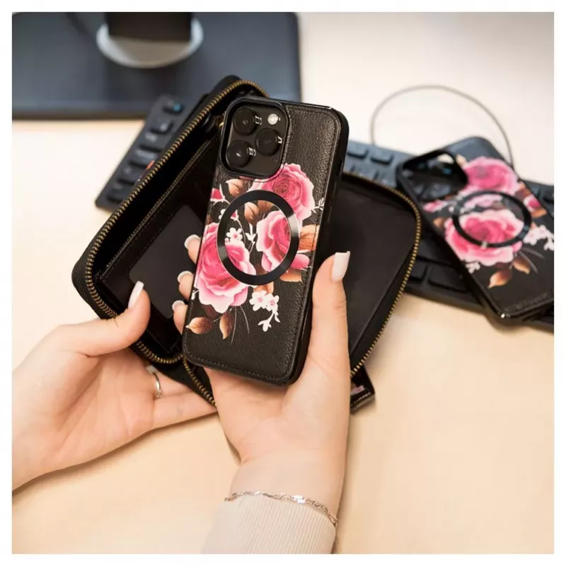 Evelatus Apple iPhone 14 Pro Max Leather Case Zipper Design Flower Black