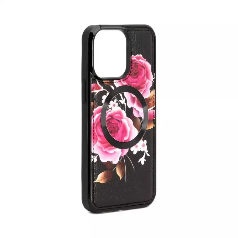 Evelatus Apple iPhone 15 Pro Leather Case Zipper Design Flower Black