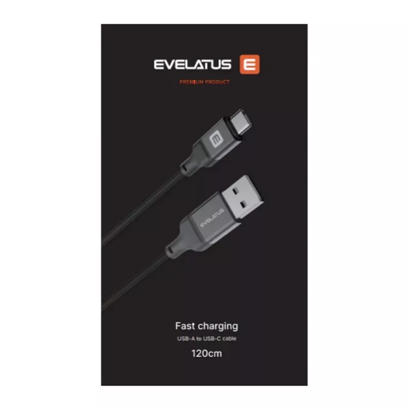 Evelatus USB-A to USB-C Cable 1.2m Braided Nylon Black