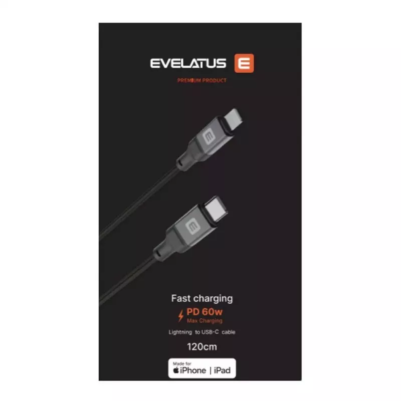 Evelatus USB-C to Lightning Cable 1.2m 60W MFi Certified Braided Nylon Aluminum Housing Black