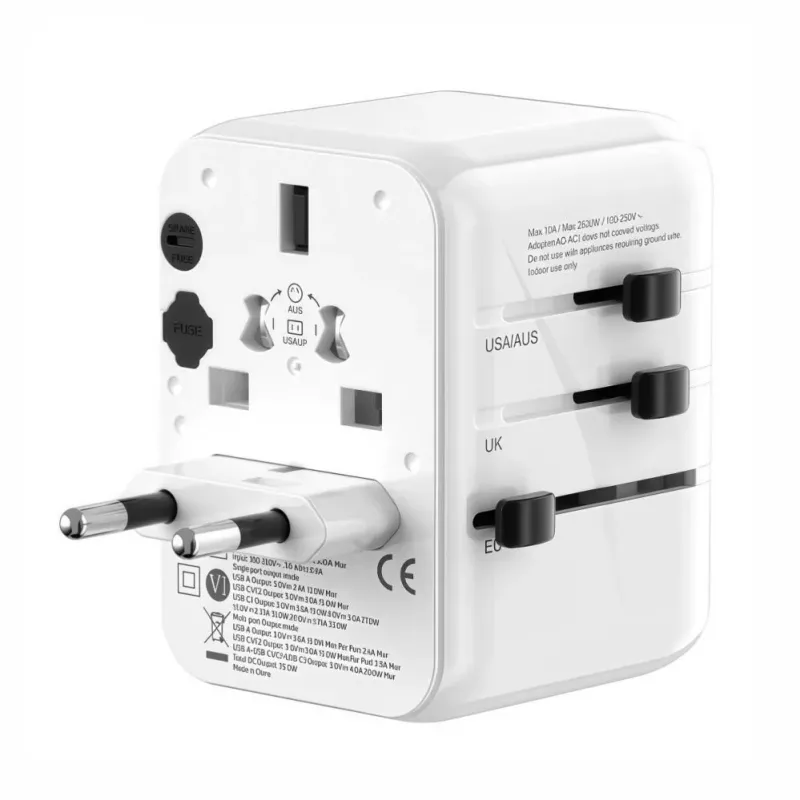 EVELATUS 35W World Travel Adapter with 1 PD USB-C, 2 USB-C, 2 USB-A, White