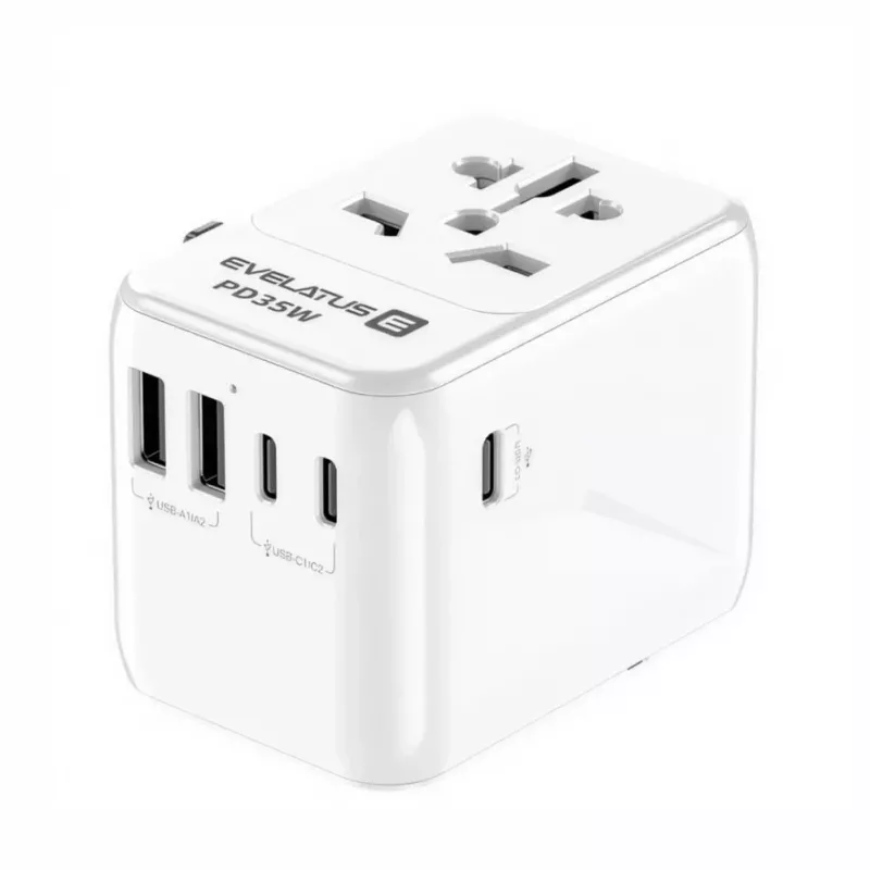 EVELATUS 35W World Travel Adapter with 1 PD USB-C, 2 USB-C, 2 USB-A, White