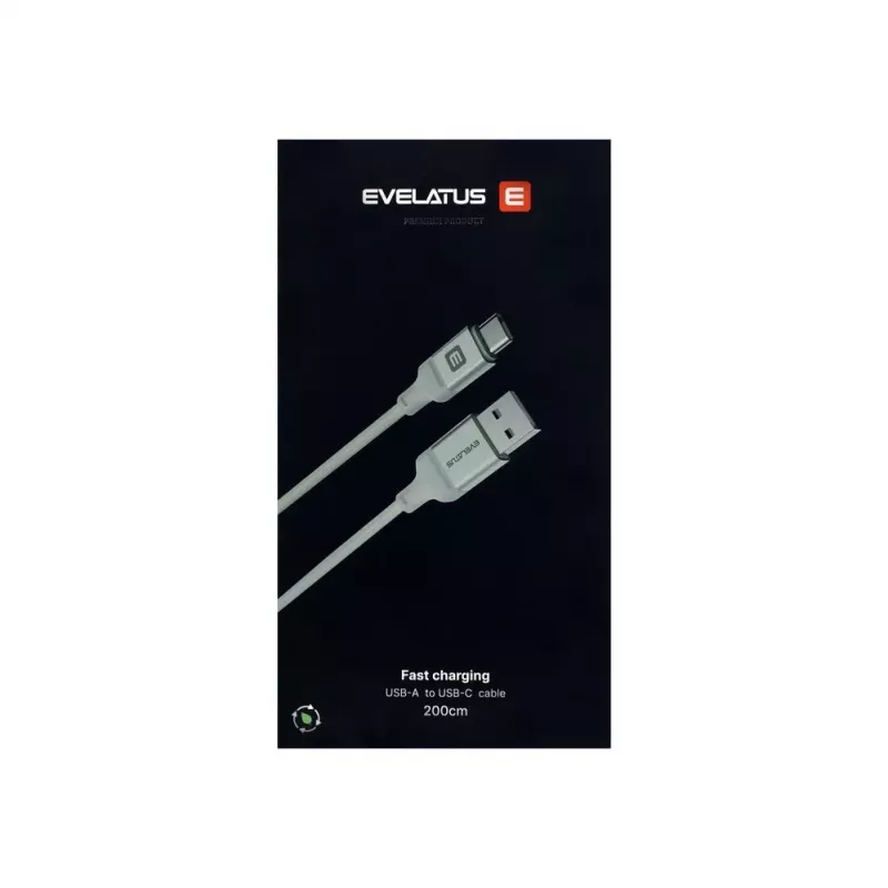 Evelatus USB-A to USB-C Cable 2M Aluminum Housing Braided White