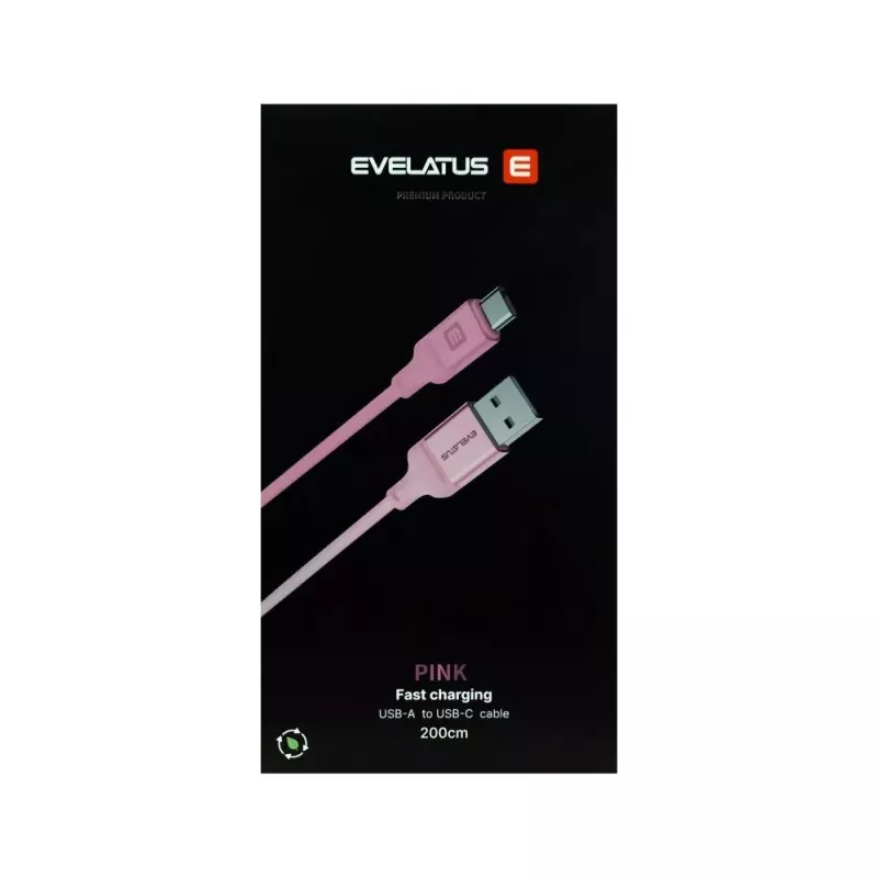 Evelatus USB-A to USB-C Cable 2M Braided Nylon Aluminum Housing Pink