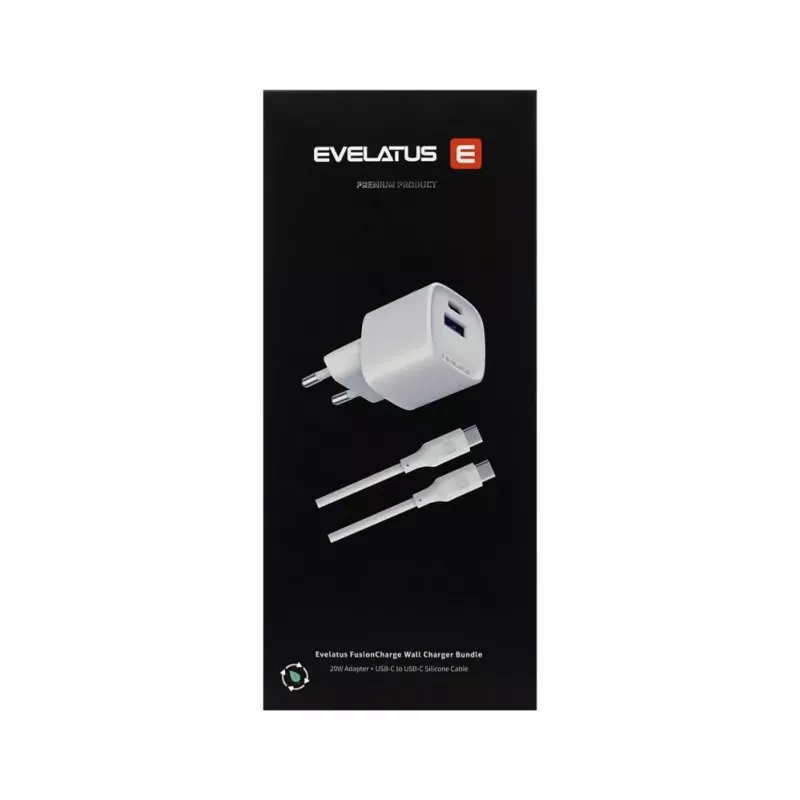 Evelatus FusionChage Wall Charger Bundle 20W Power Adapter - 60W USB-C to USB-C Silicone Cable White