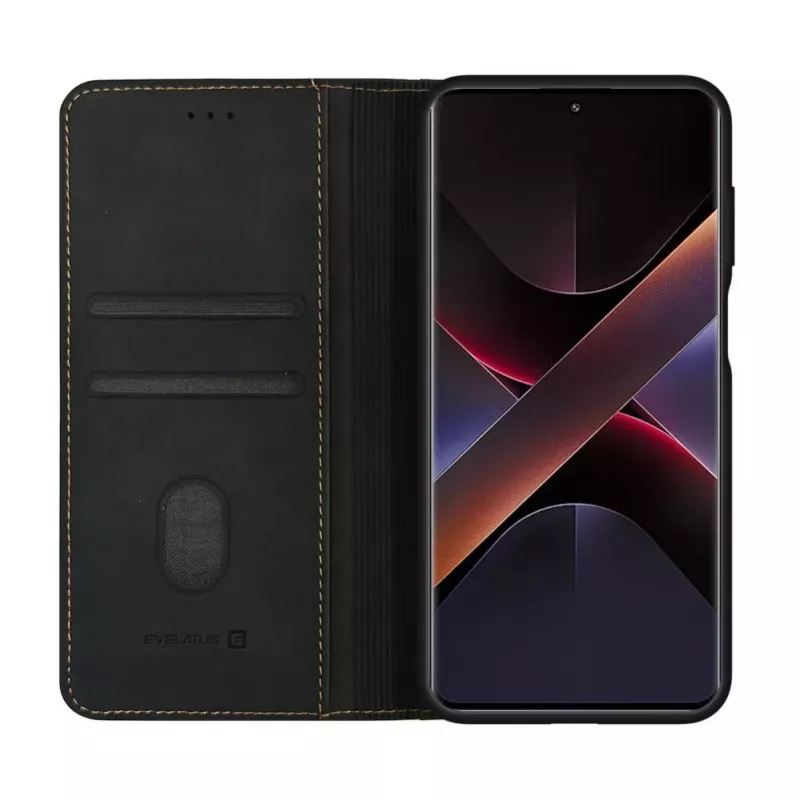 Evelatus Book Case Folio for Xiaomi Redmi Note 14 Pro 4G / Poco X7, Black, PU Leather