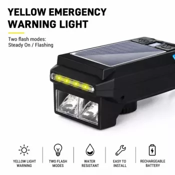 iLike Solar Powered Bike Headlight with 120dB Horn, USB Rechargeable, 1000LM LED Bicycle Front Light, 4000mAh Battery, Emergency Warning Light