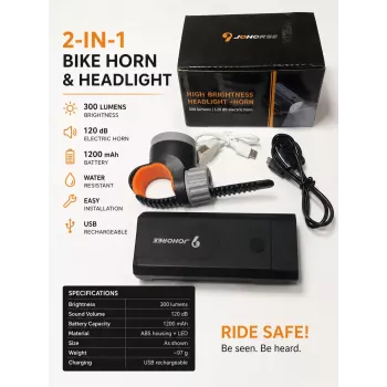iLike JOHORSE Bike Headlight & Electric Horn – 300 Lumens, 120dB, USB Rechargeable