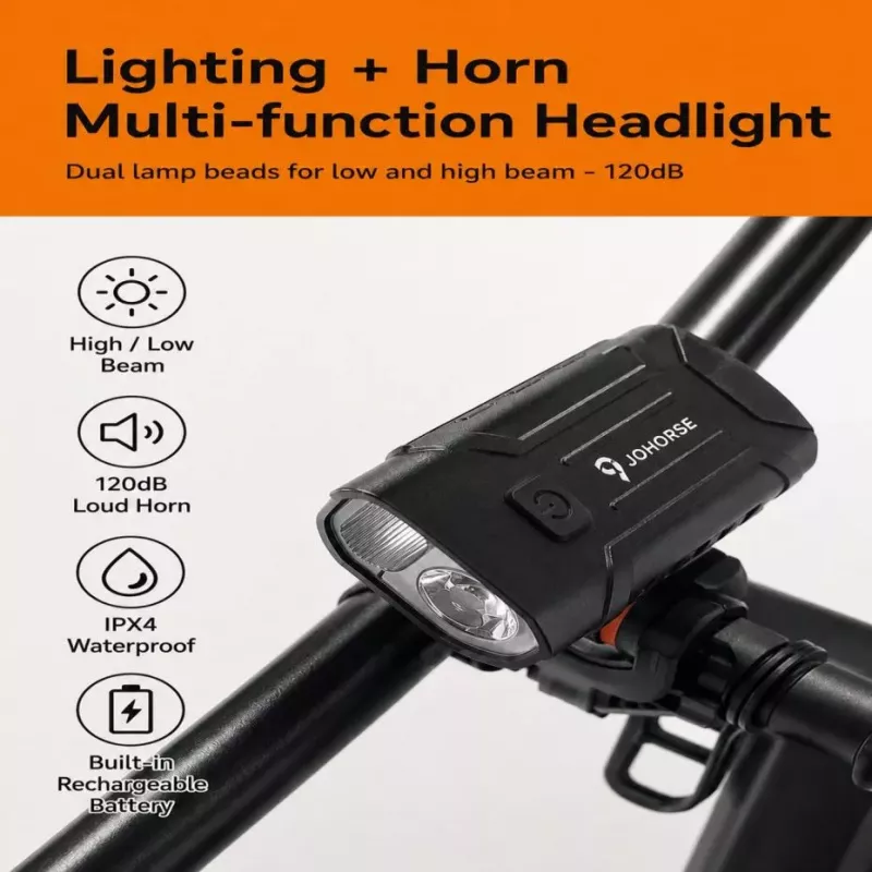 iLike JOHORSE Rechargeable Bike Light with 120dB Horn, USB Rechargeable LED Bicycle Headlight, High/Low Beam, IPX4 Waterproof, Front Cycling Light Black