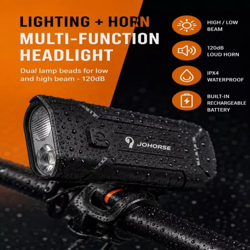 iLike JOHORSE Rechargeable Bike Light with 120dB Horn, USB Rechargeable LED Bicycle Headlight, High/Low Beam, IPX4 Waterproof, Front Cycling Light Black