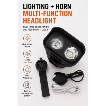 iLike JOHORSE Rechargeable Bike Light with 120dB Horn, USB Rechargeable LED Bicycle Headlight, High/Low Beam, IPX4 Waterproof, Front Cycling Light Black